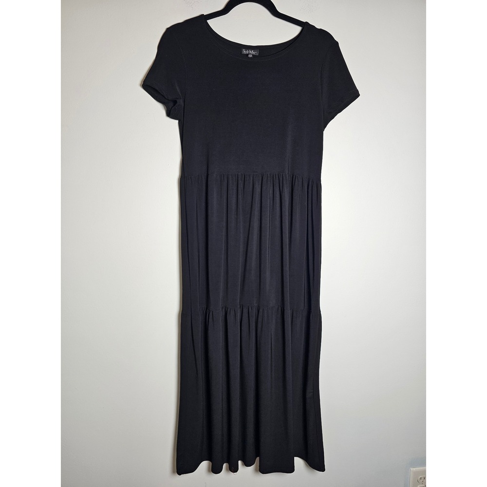Minimalist Nicole Miller Tiered Midi Dress Women Small Black Short Sleeve Jersey